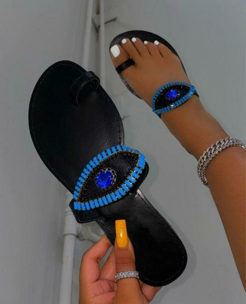 Pantuflas planas con punta redonda y ojos de diamantes de imitación para mujer