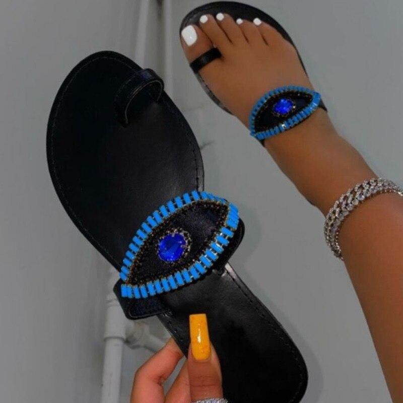 Pantuflas planas con punta redonda y ojos de diamantes de imitación para mujer