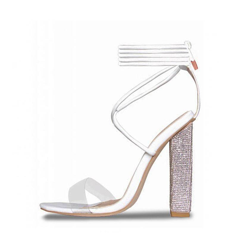 Sandalias de tacón alto con punta abierta y tacón grueso con cinturón transparente blanco