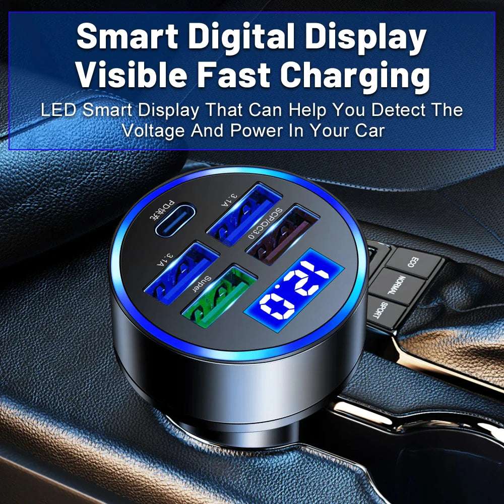 Adaptador de cargador de coche superrápido con 5 puertos USB para iPhone, Samsung y Android.