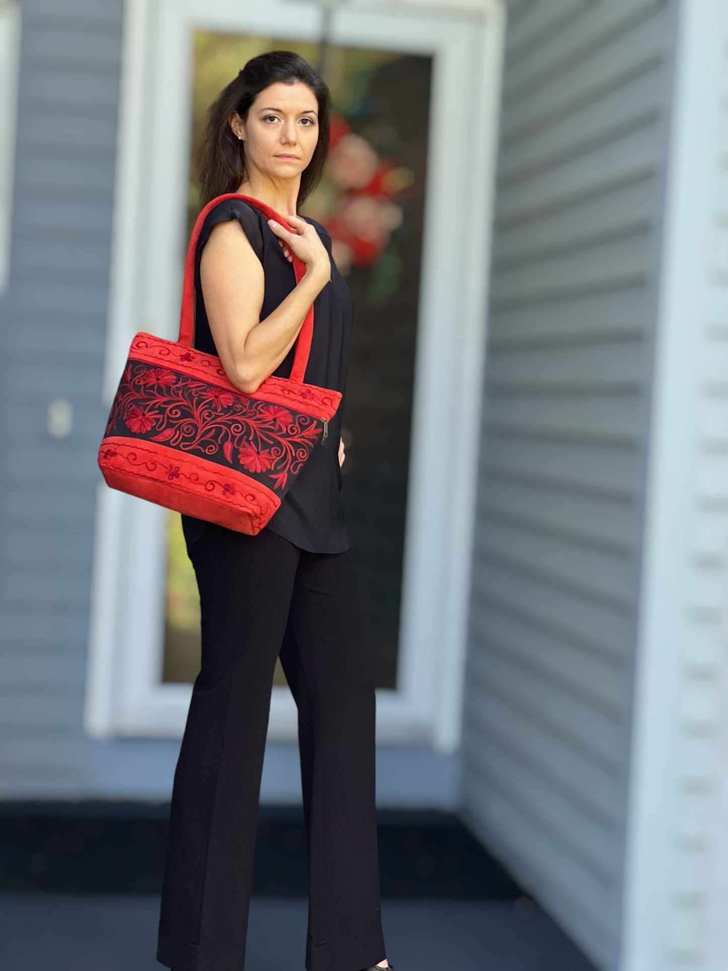 Handmade Red Suede Embroidered Tote Bag-0