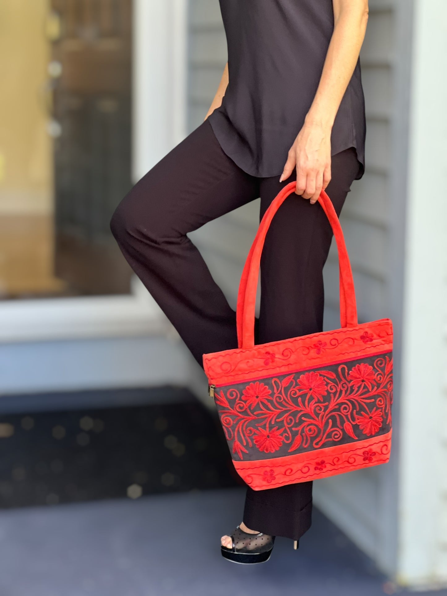 Handmade Red Suede Embroidered Tote Bag-5