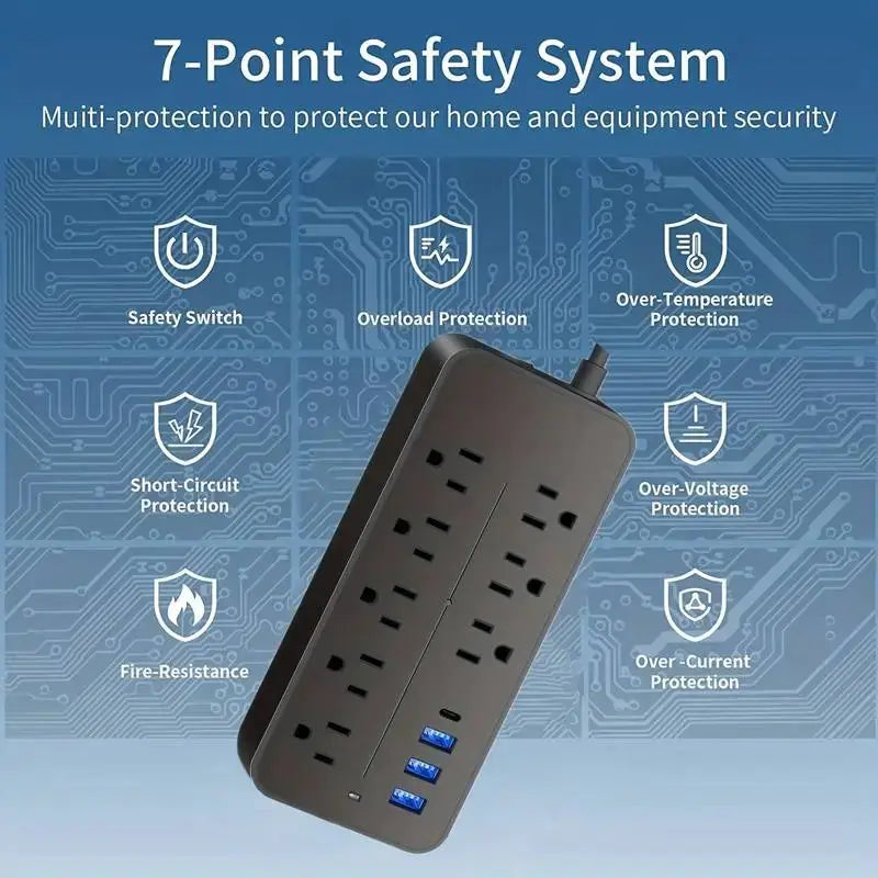 Protector contra sobretensiones tipo regleta: 8 tomas, 3 puertos USB y 1 puerto USB-C