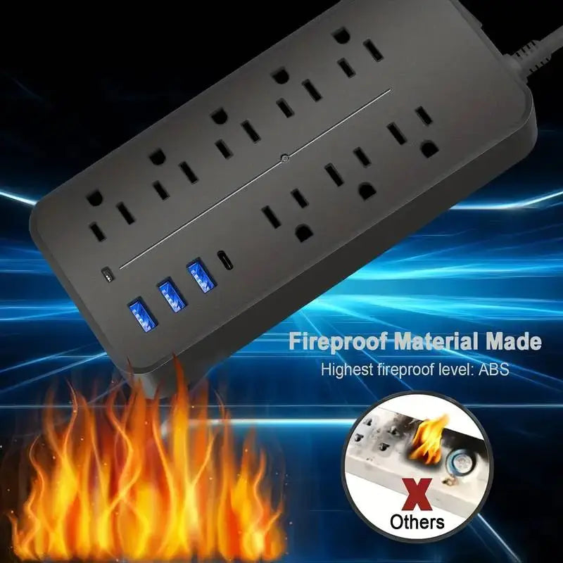 Protector contra sobretensiones tipo regleta: 8 tomas, 3 puertos USB y 1 puerto USB-C