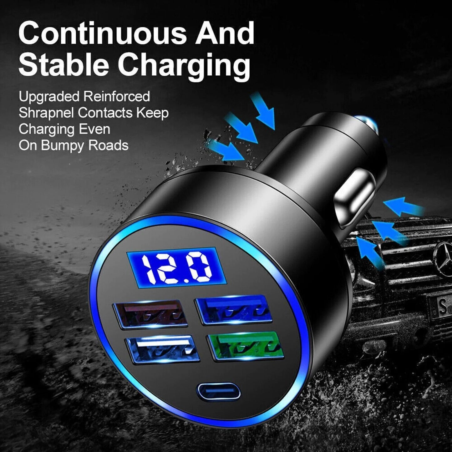 Adaptador de cargador de coche superrápido con 5 puertos USB para iPhone, Samsung y Android.