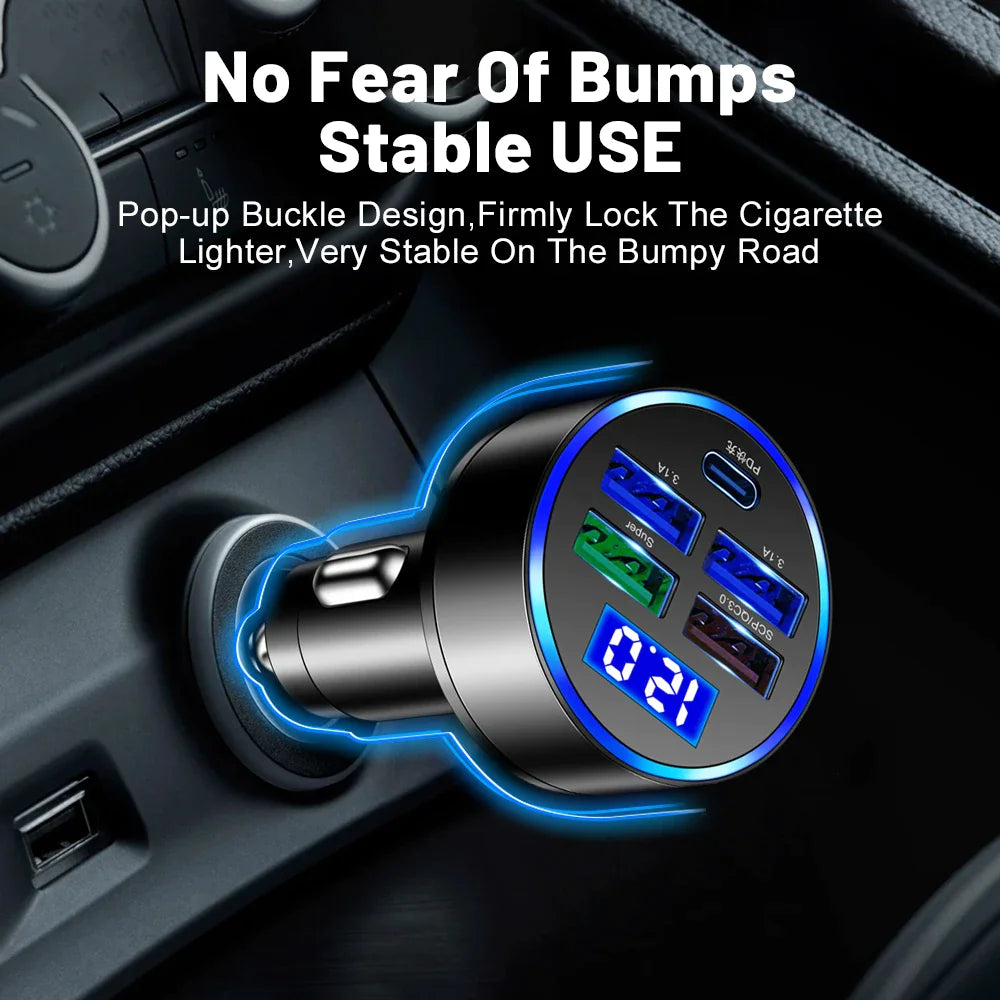 Adaptador de cargador de coche superrápido con 5 puertos USB para iPhone, Samsung y Android.