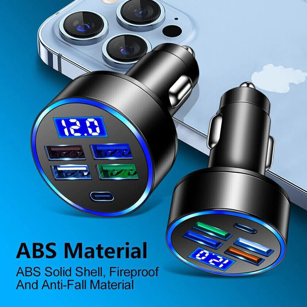 Adaptador de cargador de coche superrápido con 5 puertos USB para iPhone, Samsung y Android.