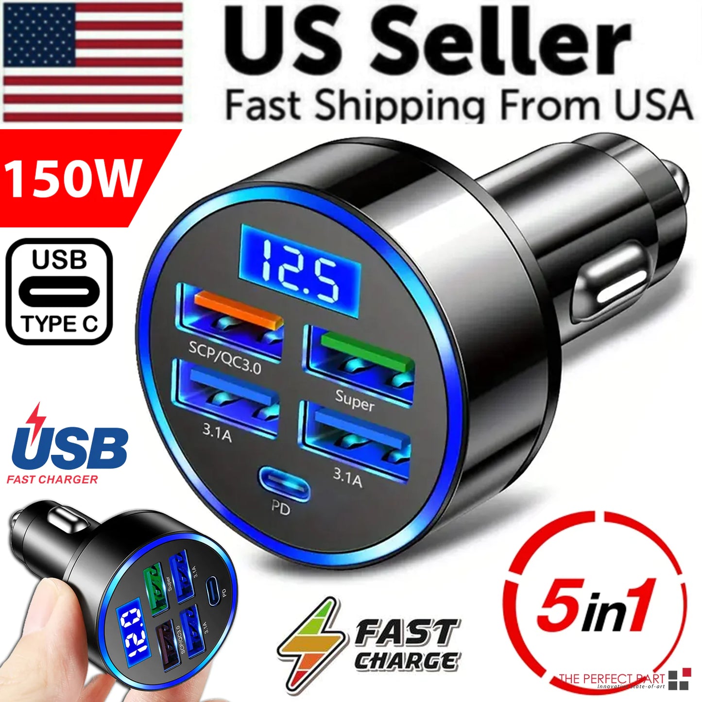 Adaptador de cargador de coche superrápido con 5 puertos USB para iPhone, Samsung y Android.