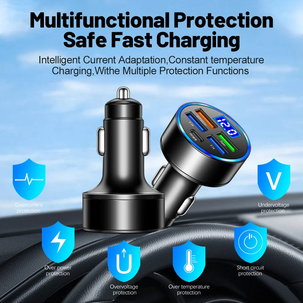 Adaptador de cargador de coche superrápido con 5 puertos USB para iPhone, Samsung y Android.