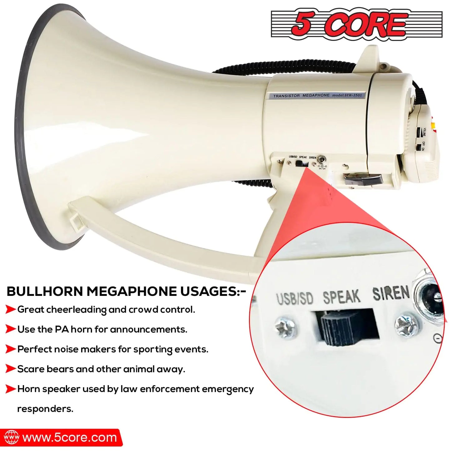 Megáfono de 5 núcleos con altavoz de bocina de 100 W, profesional, con batería y alcance de 2000 yardas.