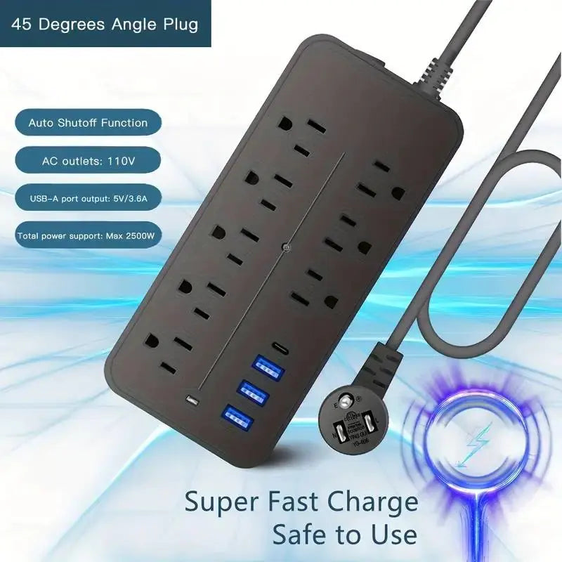 Protector contra sobretensiones tipo regleta: 8 tomas, 3 puertos USB y 1 puerto USB-C