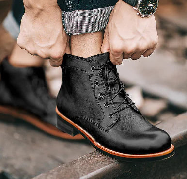 Botas de moto de cuero con cordones estilo retro para hombre