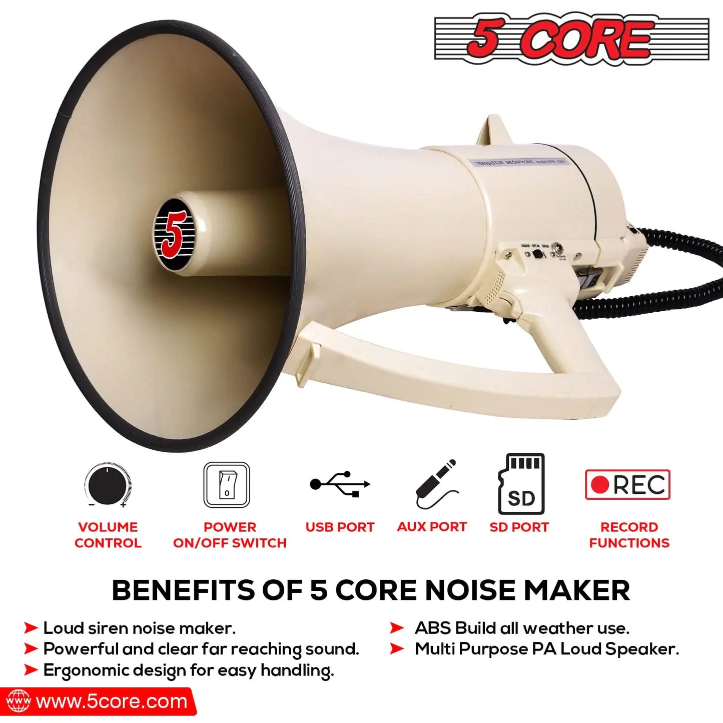 Megáfono de 5 núcleos con altavoz de bocina de 100 W, profesional, con batería y alcance de 2000 yardas. 