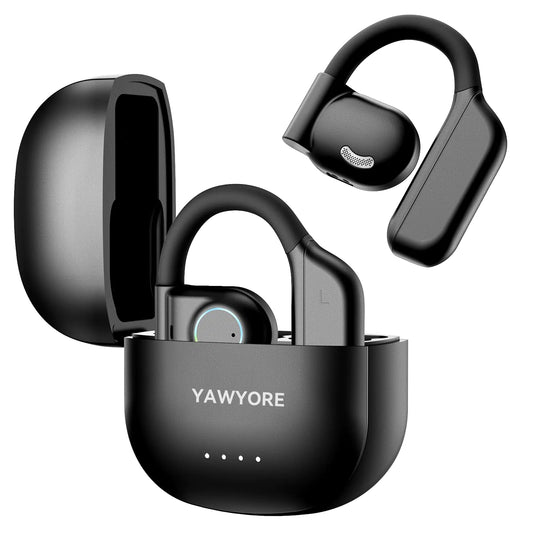 YAWYORE Auriculares inalámbricos Bluetooth 5.3 con gancho para la oreja y micrófono. Sonido nítido. 60 horas de reproducción. Resistente al agua IPX7. Peso ligero. Ajuste cómodo. Ideal para correr y entrenar (negro).