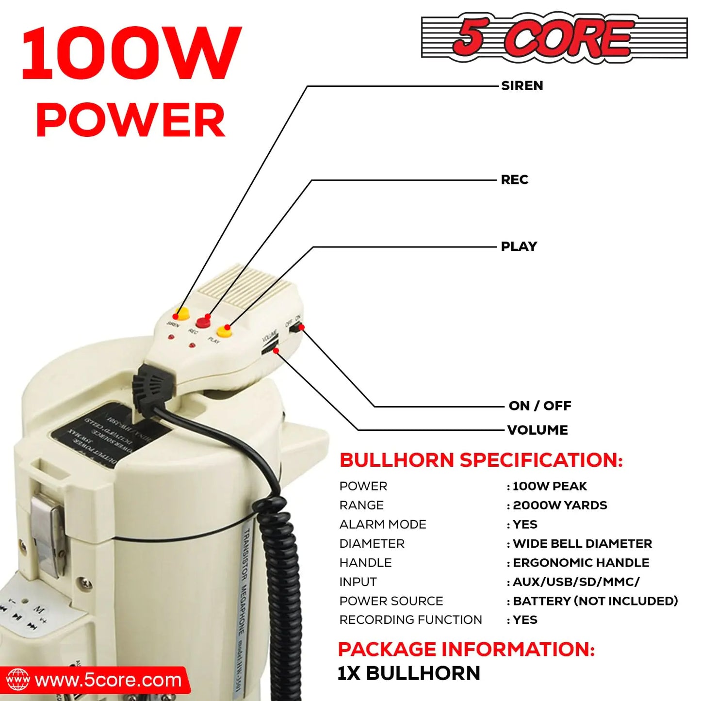 Megáfono de 5 núcleos con altavoz de bocina de 100 W, profesional, con batería y alcance de 2000 yardas. 