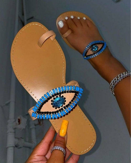 Pantuflas planas con punta redonda y ojos de diamantes de imitación para mujer