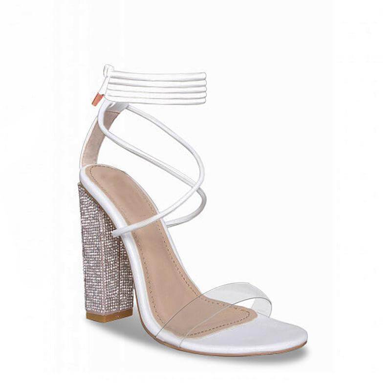 Sandalias de tacón alto con punta abierta y tacón grueso con cinturón transparente blanco