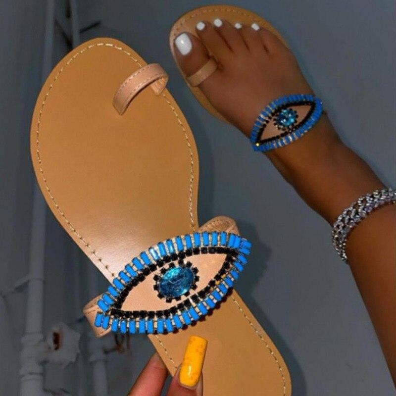 Pantuflas planas con punta redonda y ojos de diamantes de imitación para mujer