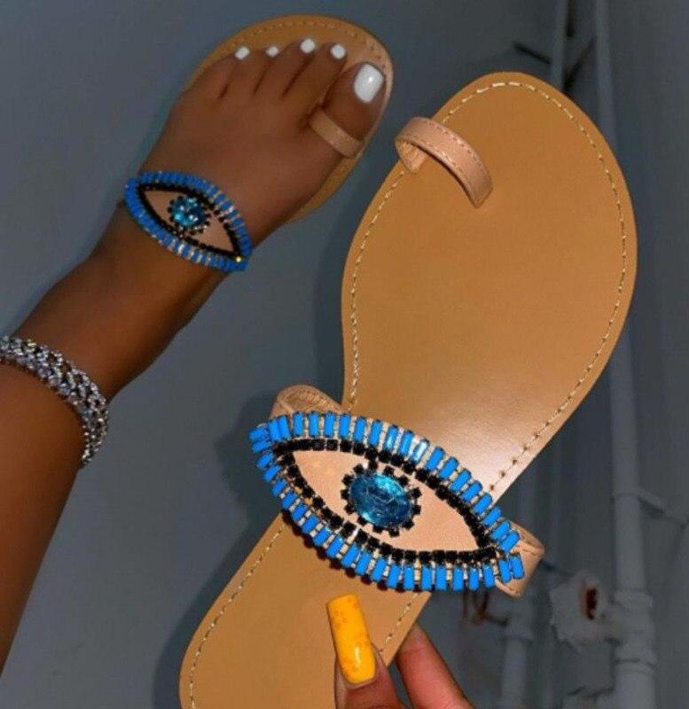 Pantuflas planas con punta redonda y ojos de diamantes de imitación para mujer