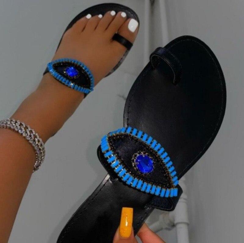 Pantuflas planas con punta redonda y ojos de diamantes de imitación para mujer