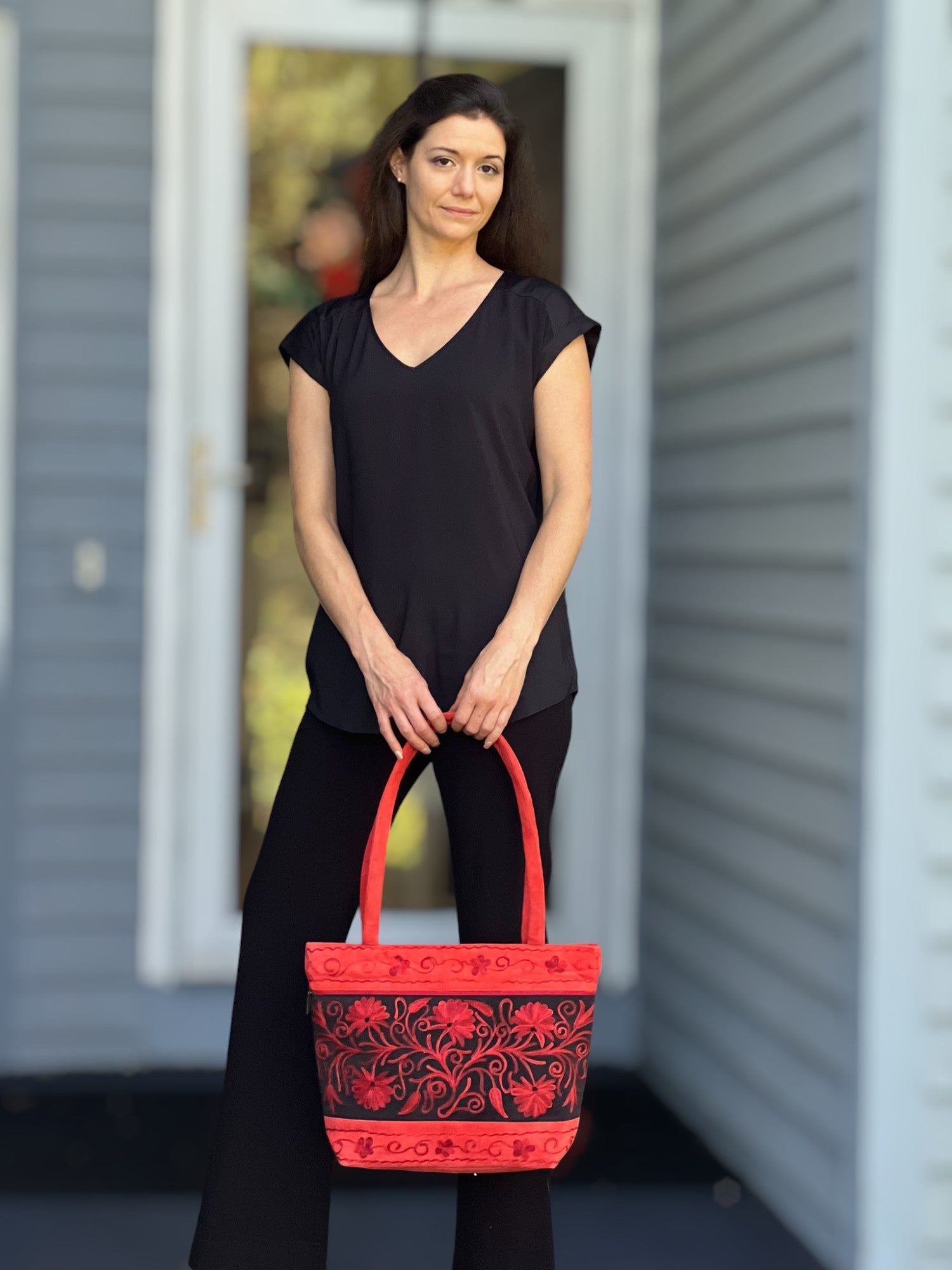 Handmade Red Suede Embroidered Tote Bag-6
