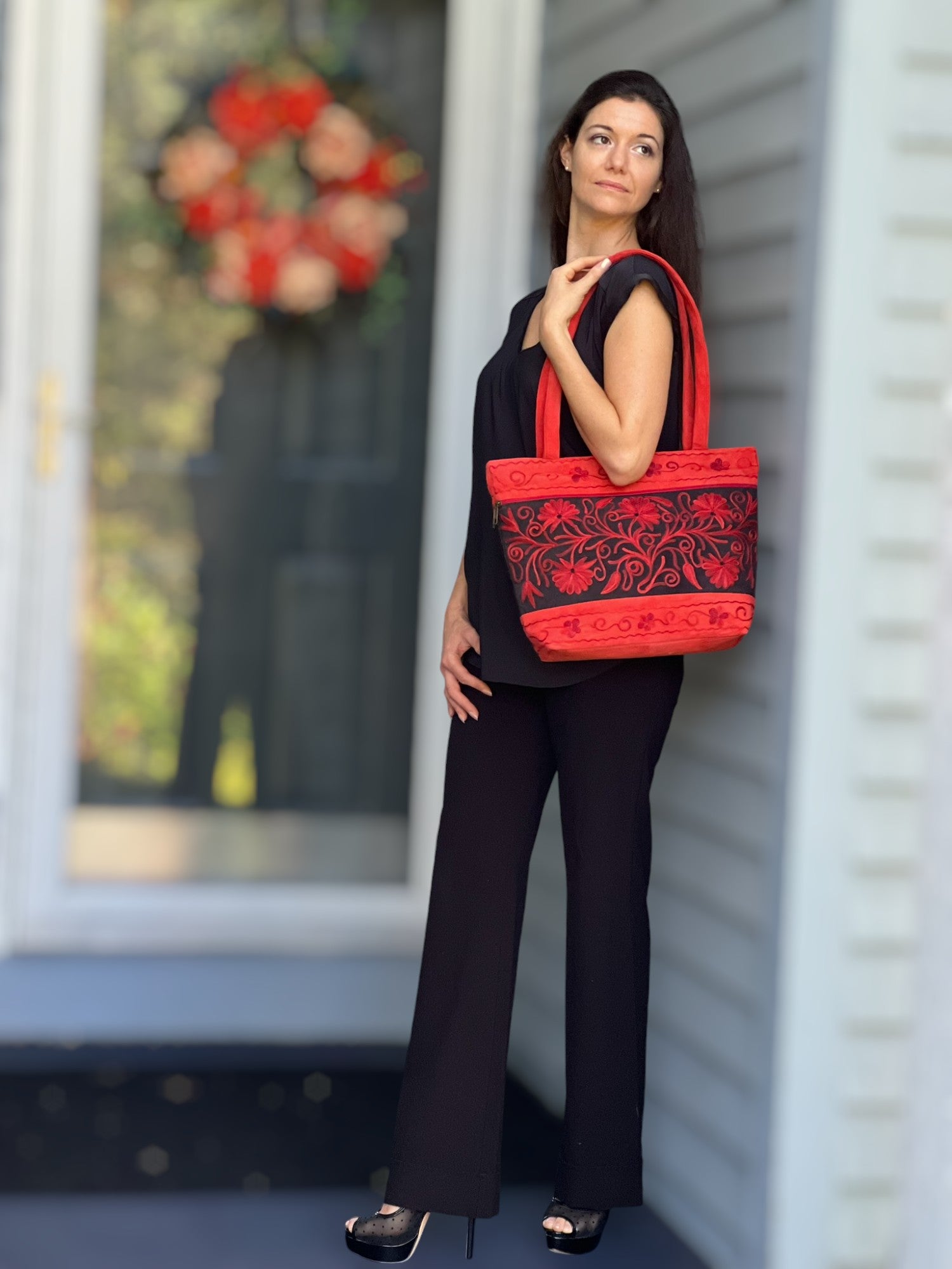 Handmade Red Suede Embroidered Tote Bag-4