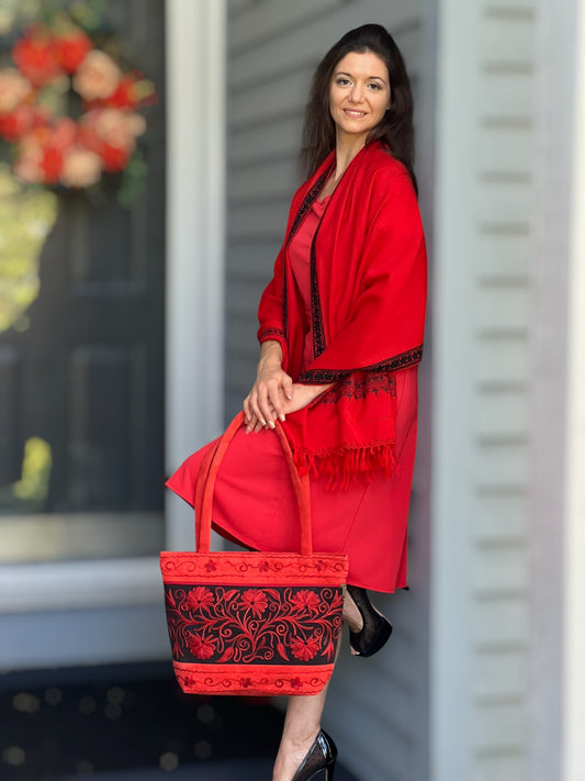 Handmade Red Suede Embroidered Tote Bag-3