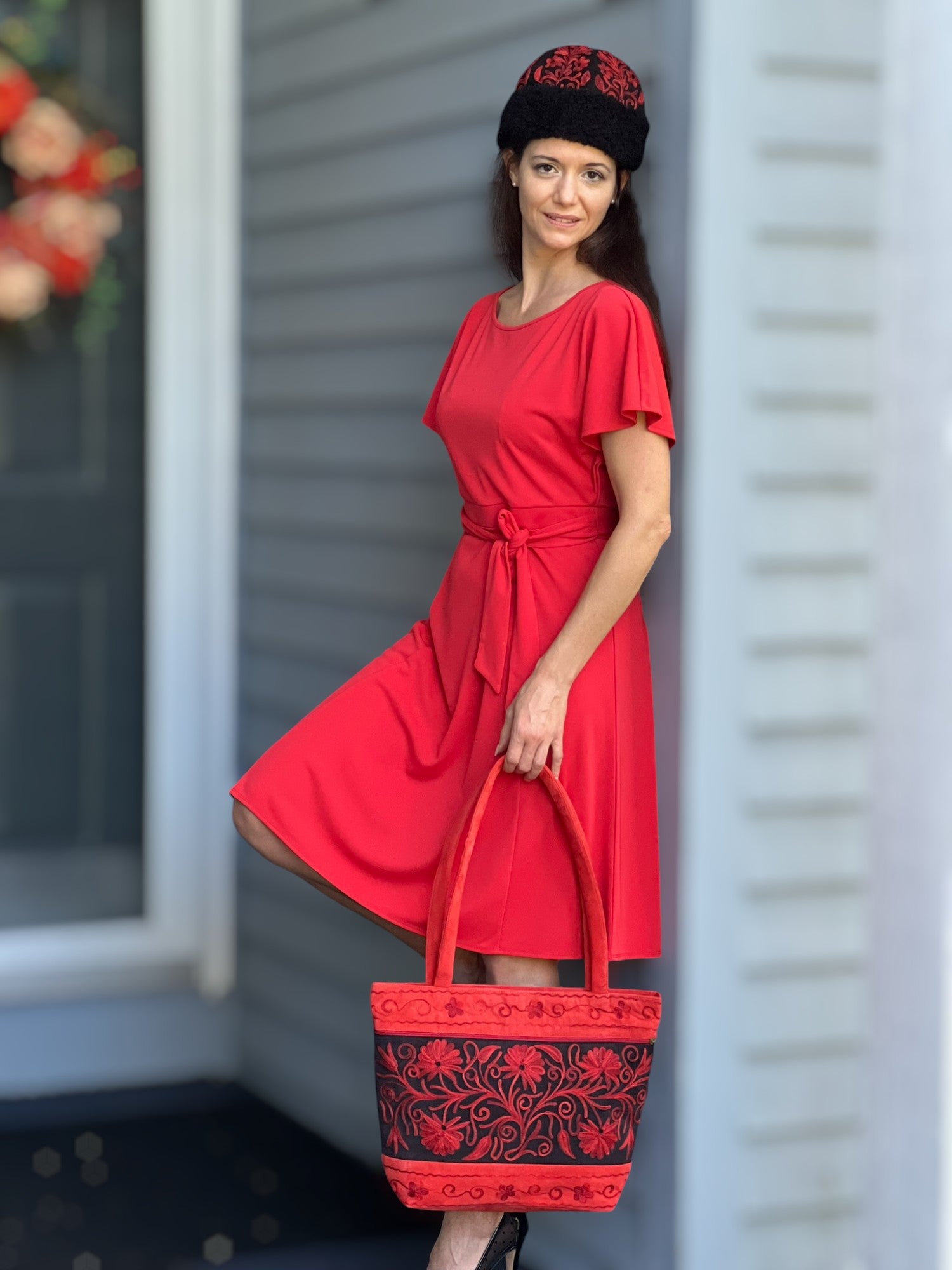 Handmade Red Suede Embroidered Tote Bag-2