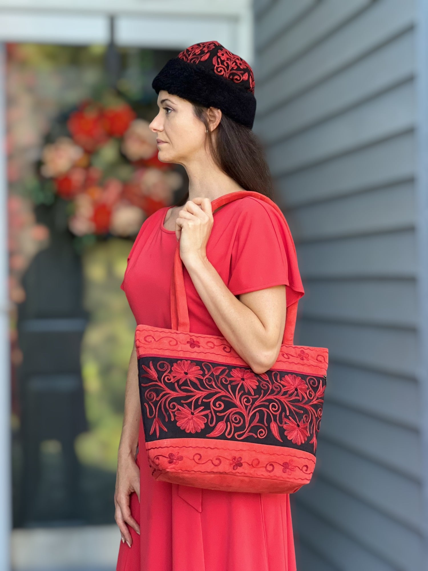 Handmade Red Suede Embroidered Tote Bag-1