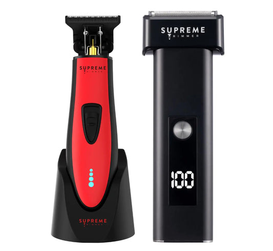 Supreme Trimmer - Set de afeitadora de láminas T-Fader y recortadora T-Shaper 2 en 1 | Recortadora de barba ST5215 DLC | Maquinilla eléctrica STF501 | Recortadora de pelo de viaje | Roja
