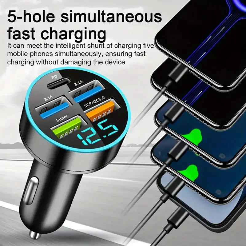 Adaptador de cargador de coche superrápido con 5 puertos USB para iPhone, Samsung y Android.