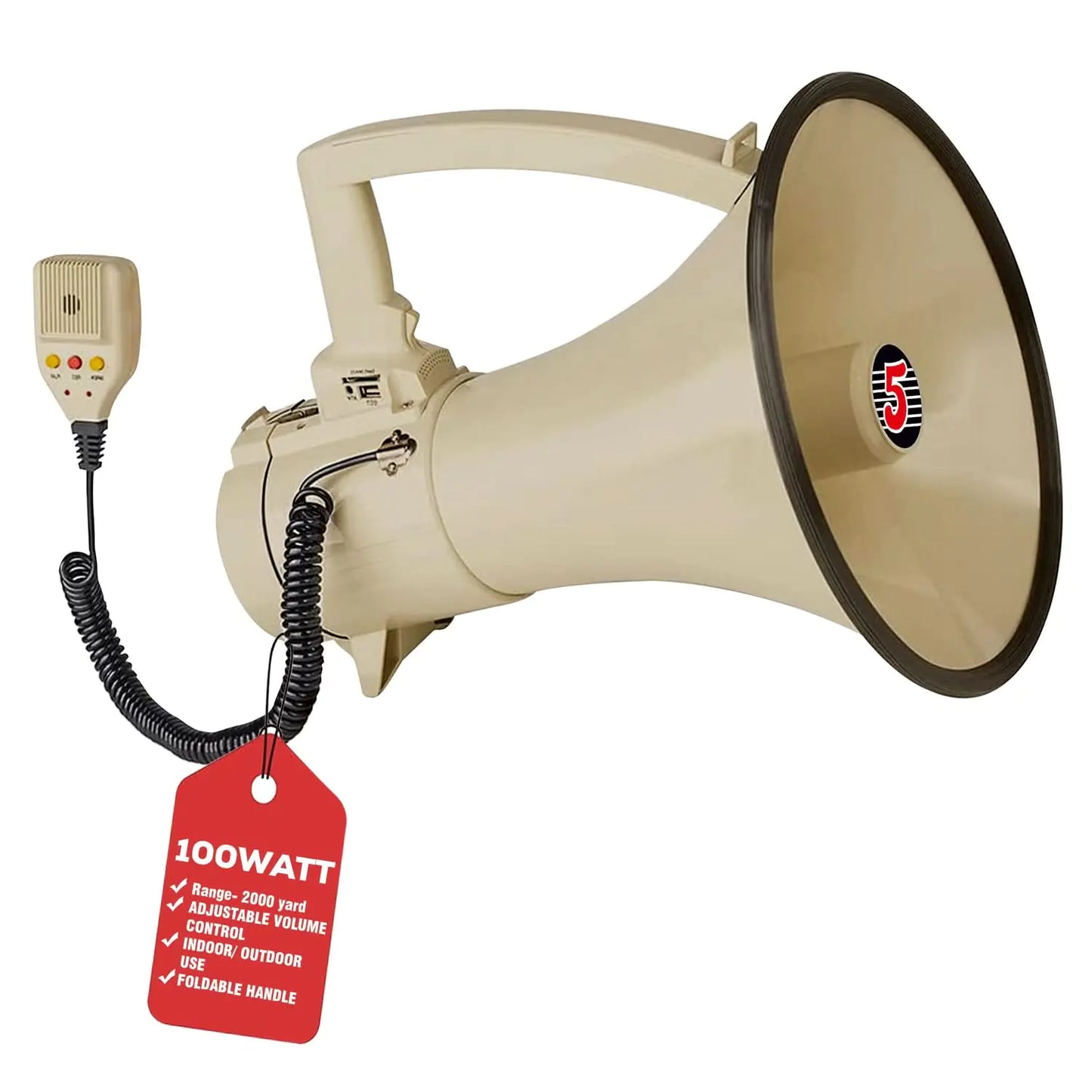 Megáfono de 5 núcleos con altavoz de bocina de 100 W, profesional, con batería y alcance de 2000 yardas. 