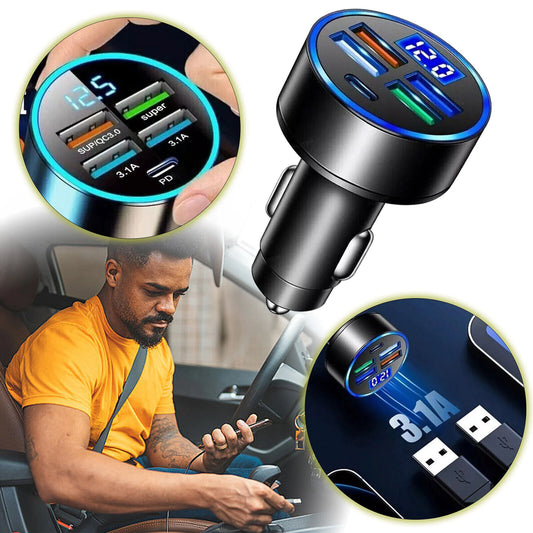 Adaptador de cargador de coche superrápido con 5 puertos USB para iPhone, Samsung y Android.