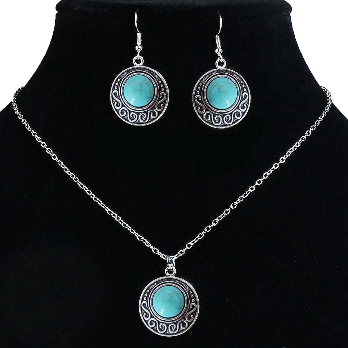 Conjunto de collar y pendientes con colgante de turquesa antigua retro