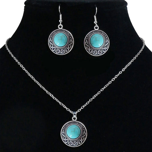 Conjunto de collar y pendientes con colgante de turquesa antigua retro