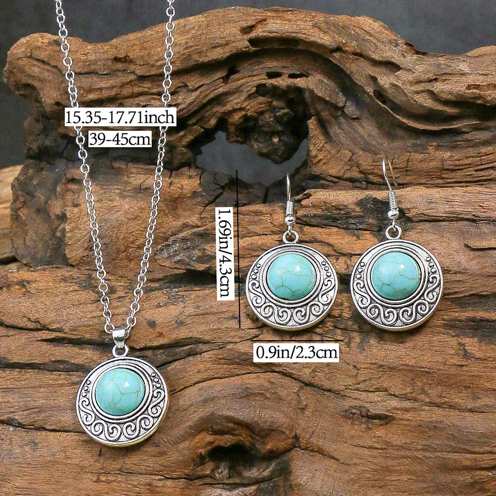 Conjunto de collar y pendientes con colgante de turquesa antigua retro
