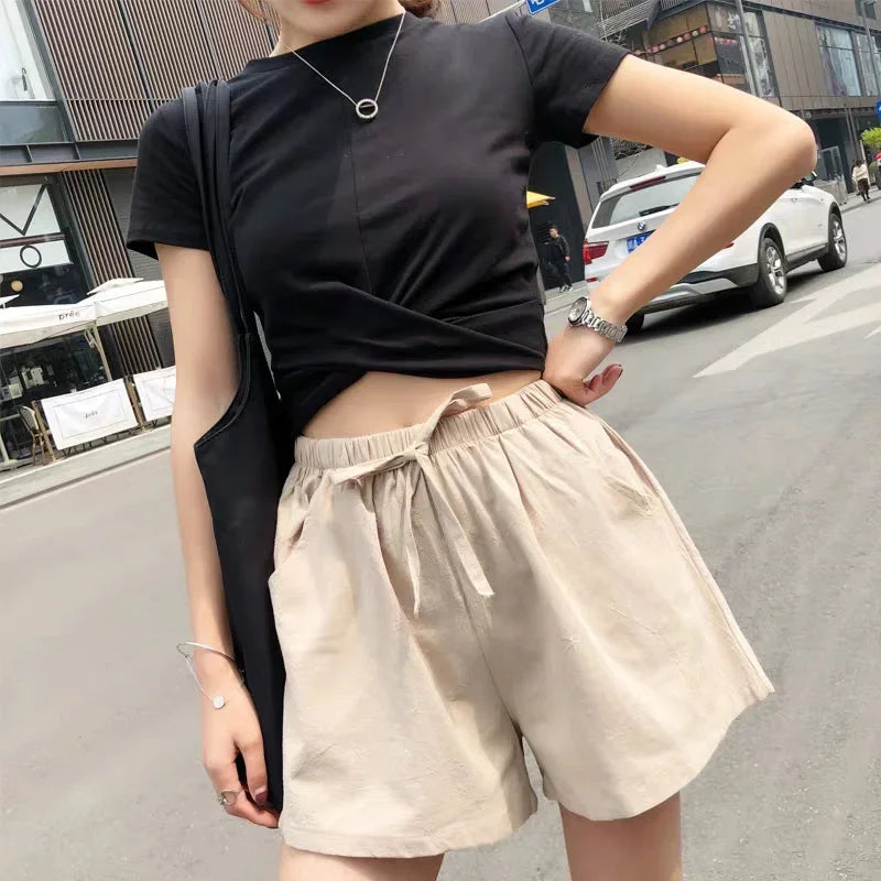 Pantalones cortos casuales de lino para mujer 