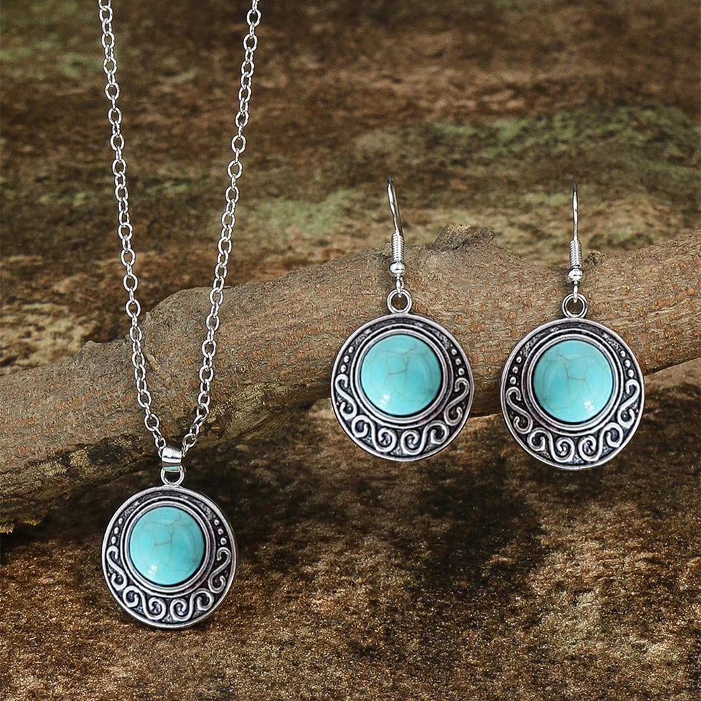 Conjunto de collar y pendientes con colgante de turquesa antigua retro