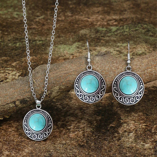 Conjunto de collar y pendientes con colgante de turquesa antigua retro