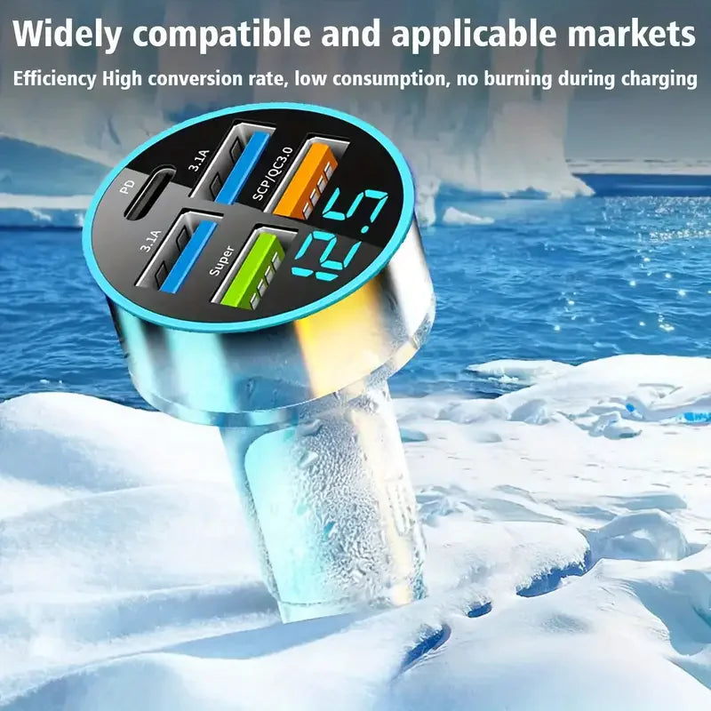 Adaptador de cargador de coche superrápido con 5 puertos USB para iPhone, Samsung y Android.