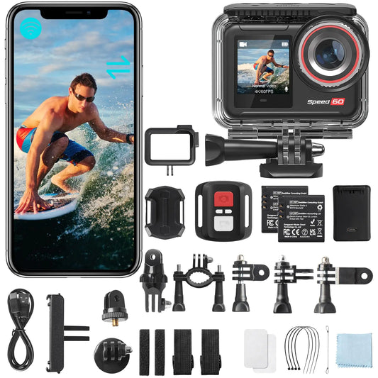 Cámara de acción Hiicam Speed 60 4K 60FPS 48MP WiFi con pantalla táctil HDR de 2,35", zoom EIS 8X, control remoto, resistente al agua, 10 m, con estuche impermeable, 40 m, batería de 2150 mAh, 30 ráfagas de video.