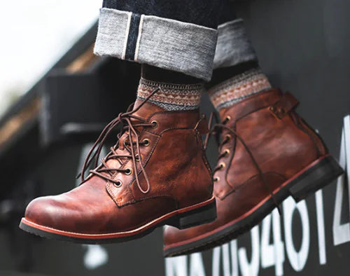Botas de moto de cuero con cordones estilo retro para hombre
