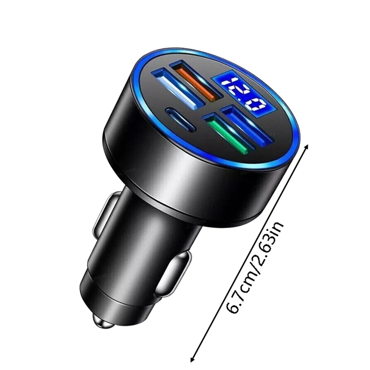 Adaptador de cargador de coche superrápido con 5 puertos USB para iPhone, Samsung y Android.