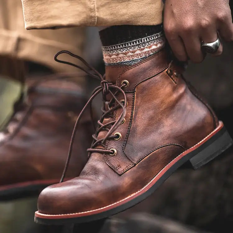 Botas de moto de cuero con cordones estilo retro para hombre