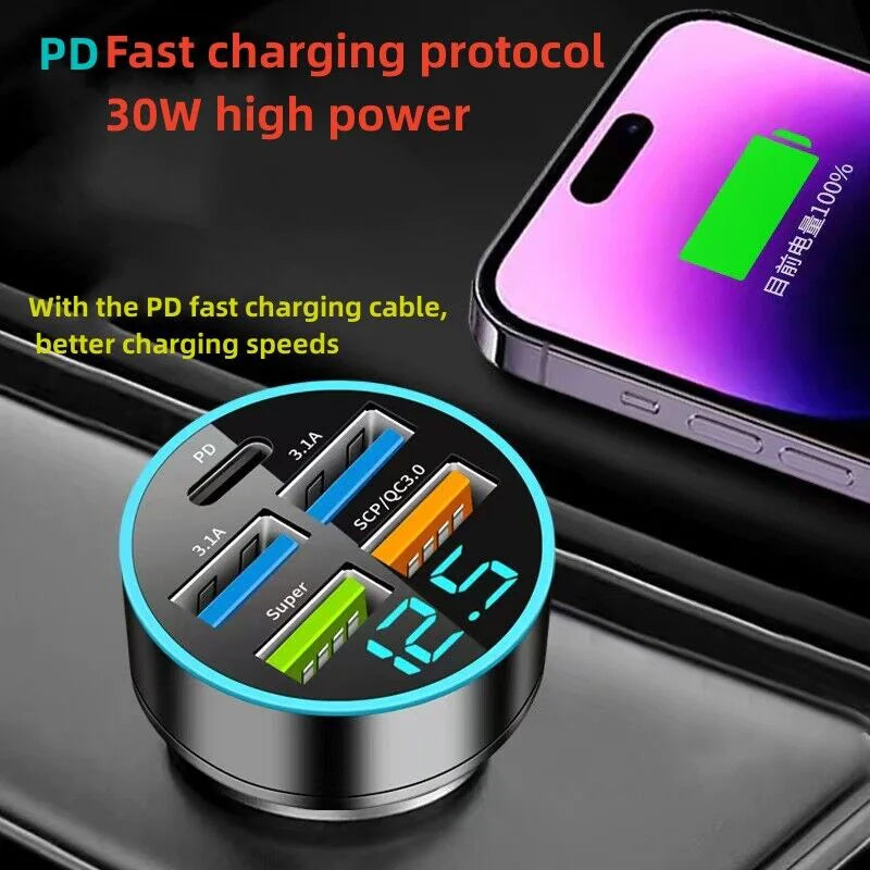 Adaptador de cargador de coche superrápido con 5 puertos USB para iPhone, Samsung y Android.