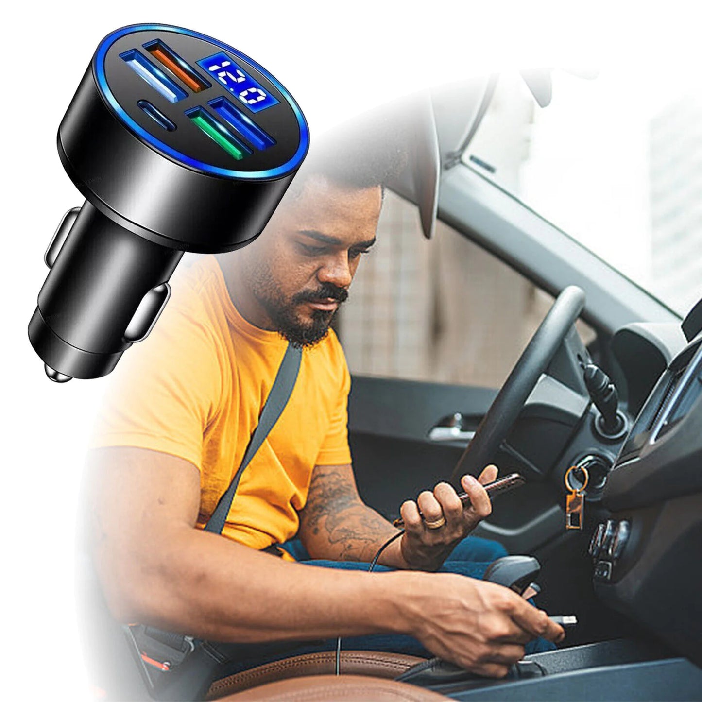 Adaptador de cargador de coche superrápido con 5 puertos USB para iPhone, Samsung y Android.