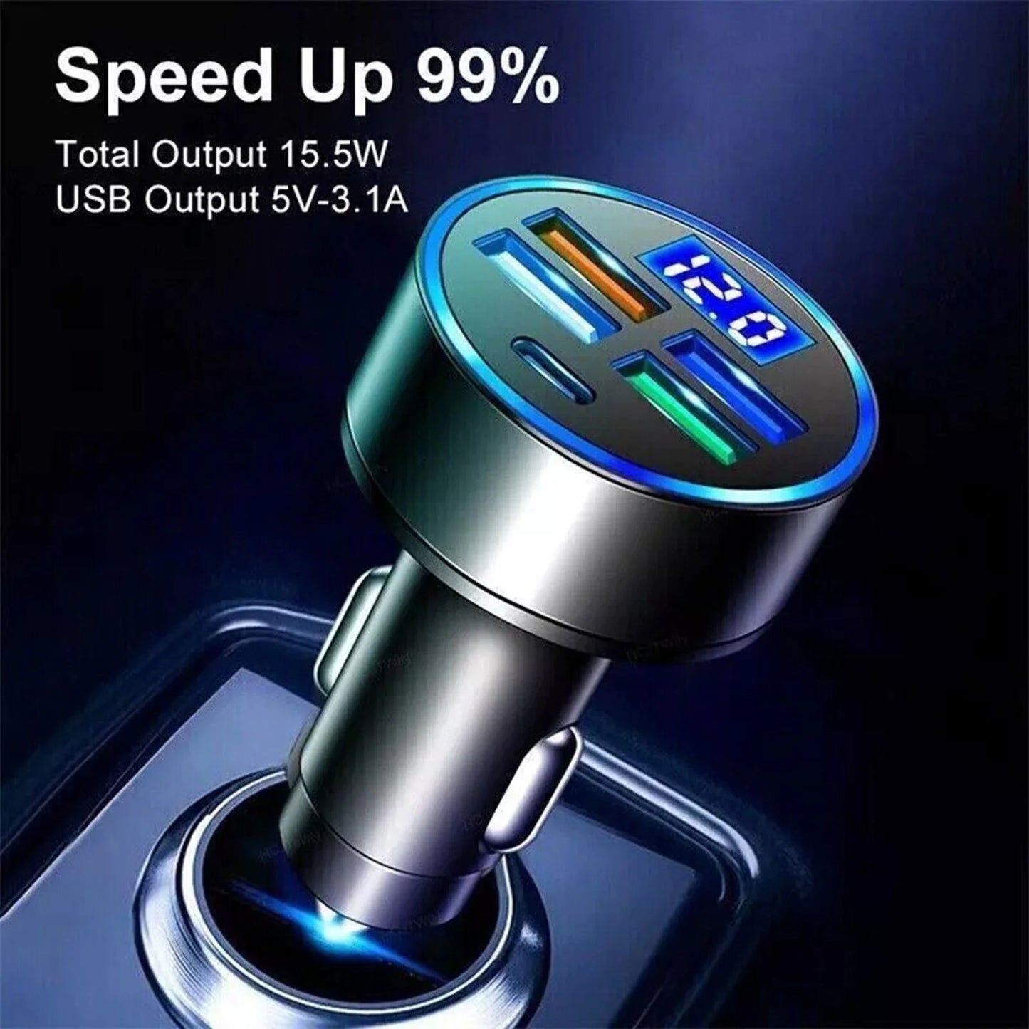 Adaptador de cargador de coche superrápido con 5 puertos USB para iPhone, Samsung y Android.