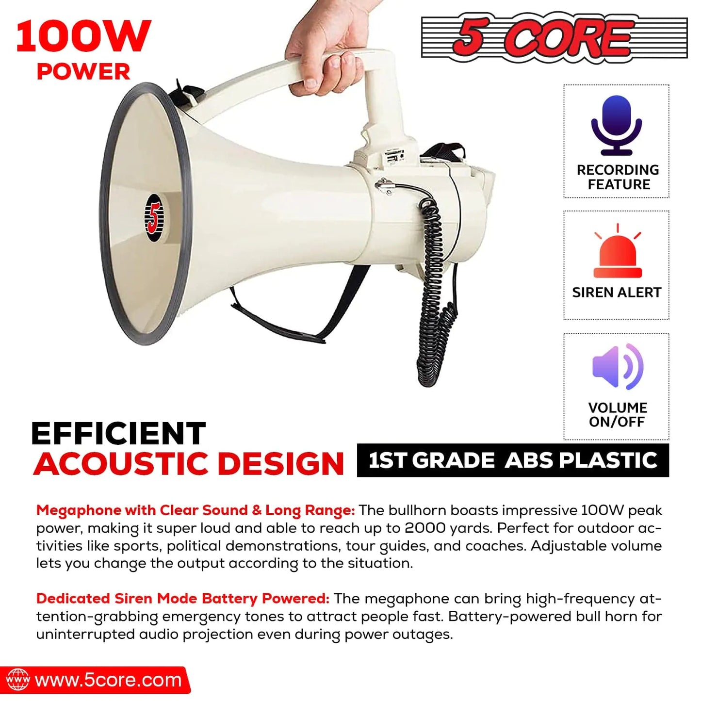 Megáfono de 5 núcleos con altavoz de bocina de 100 W, profesional, con batería y alcance de 2000 yardas. 