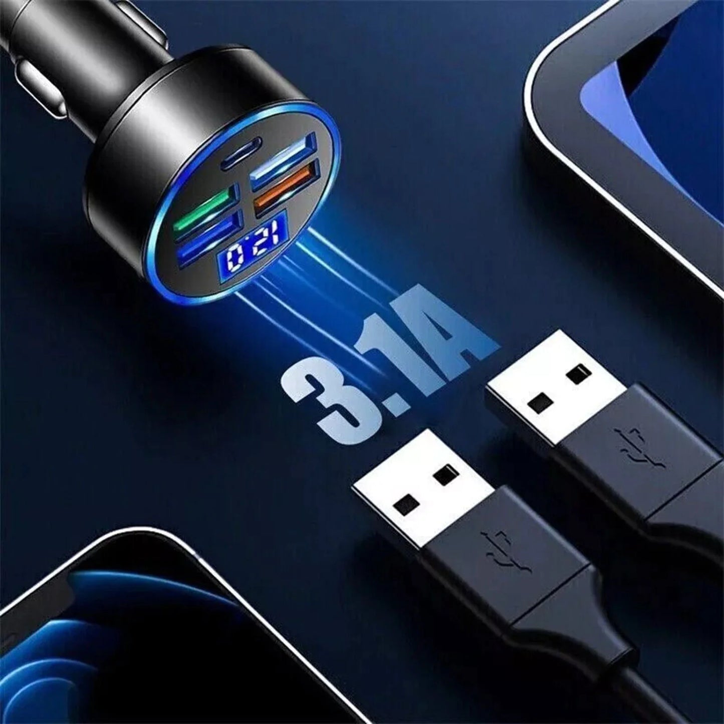 Adaptador de cargador de coche superrápido con 5 puertos USB para iPhone, Samsung y Android.