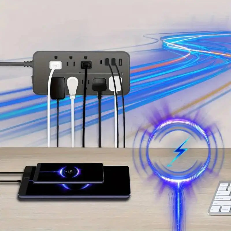 Protector contra sobretensiones tipo regleta: 8 tomas, 3 puertos USB y 1 puerto USB-C